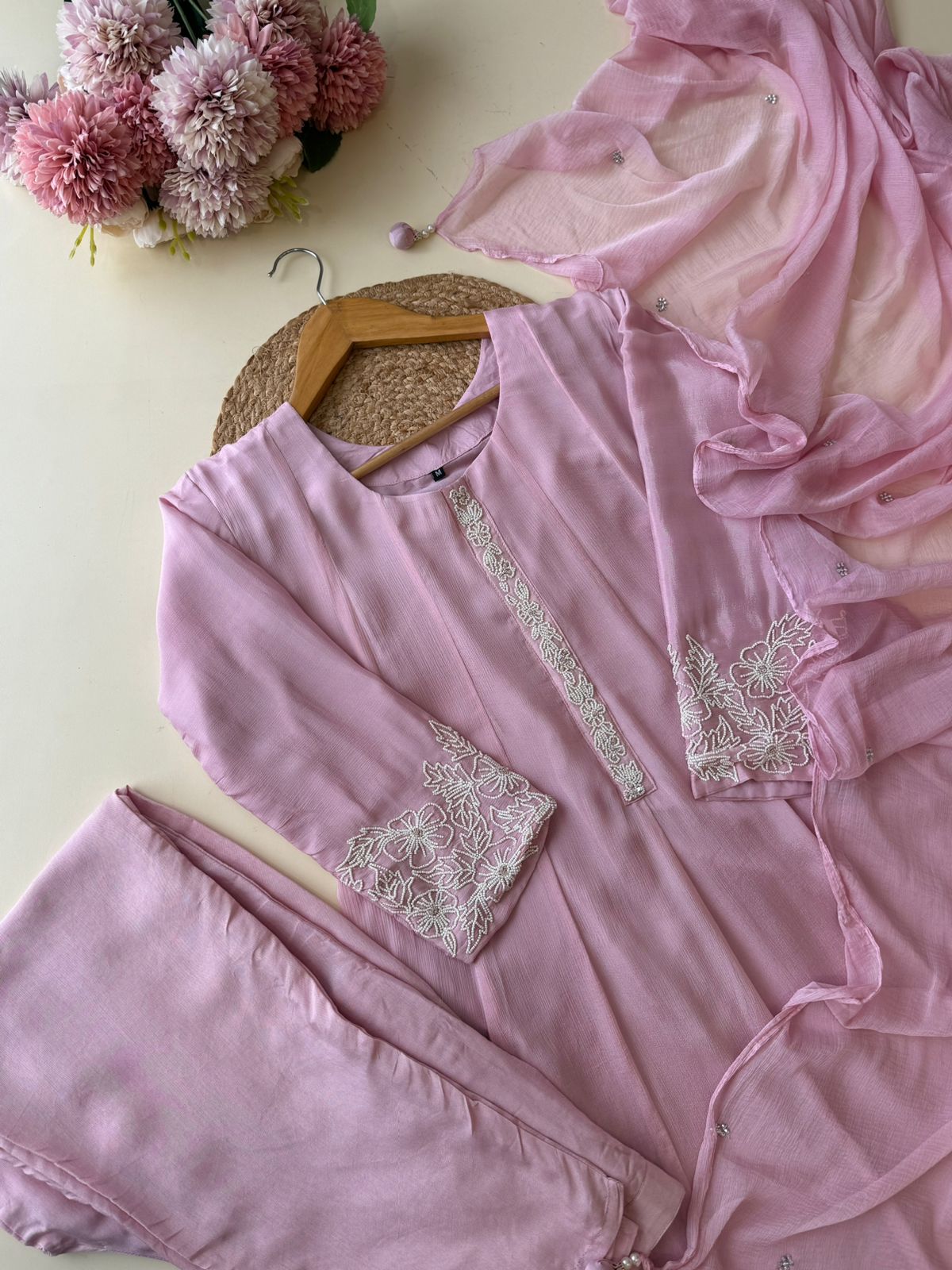 Chinnon handworked Anarkali suit with Beads Detailings