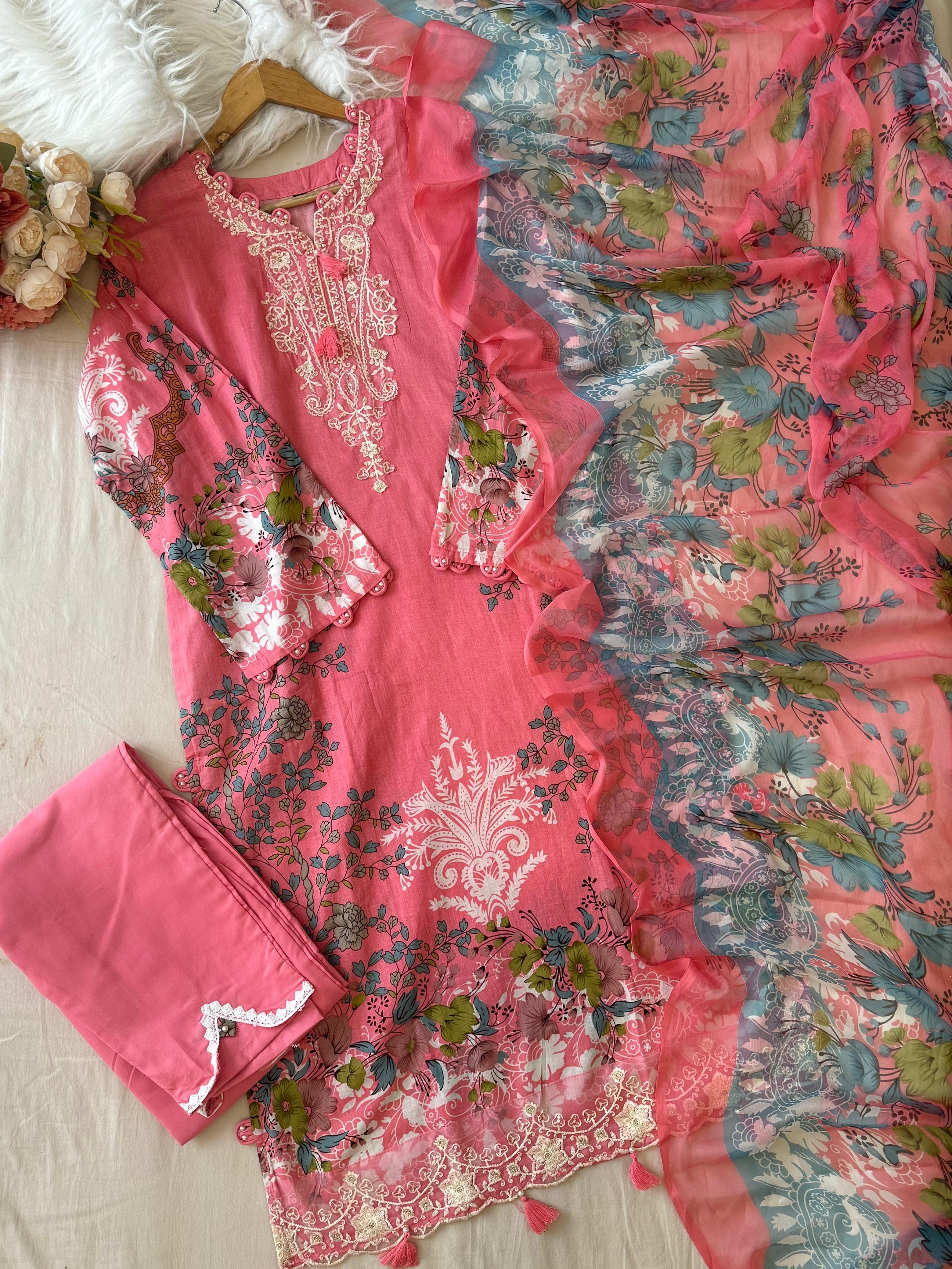 Pink Floral Printed Pak-Suit 3755