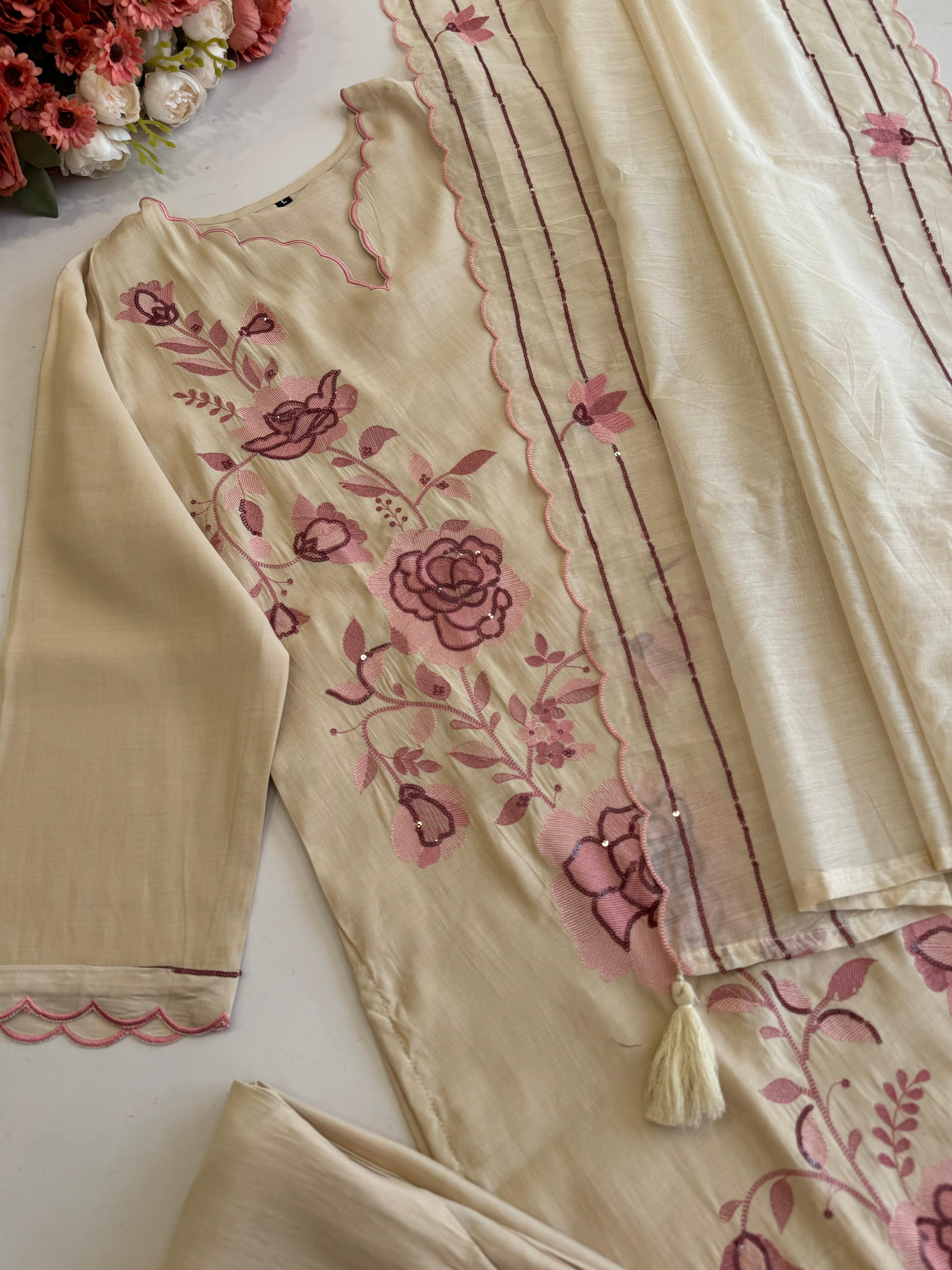 Premium Glass Chanderi Three Piece Set