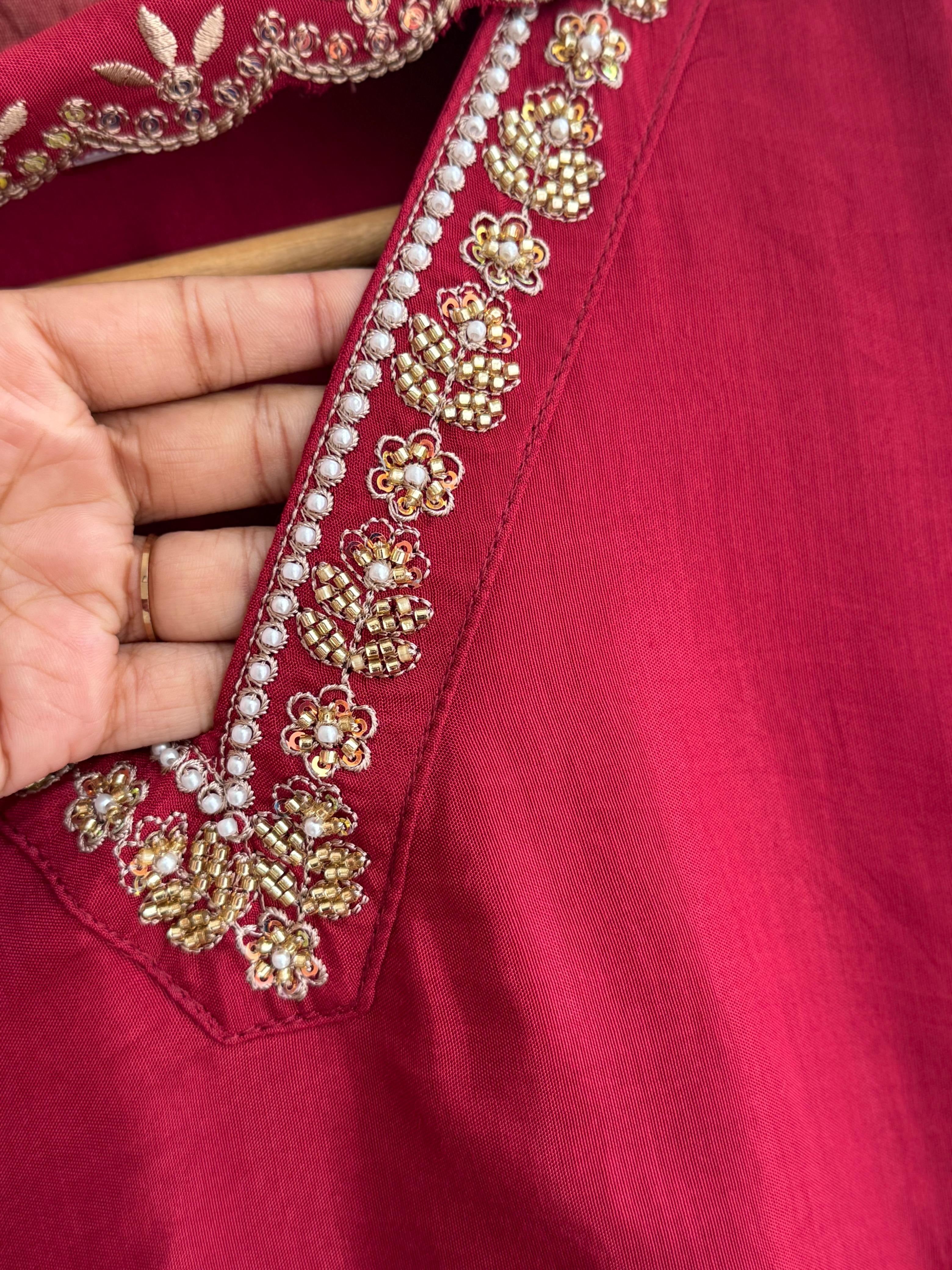 Rayon Anarkali Pleated suit with Pearl detailings