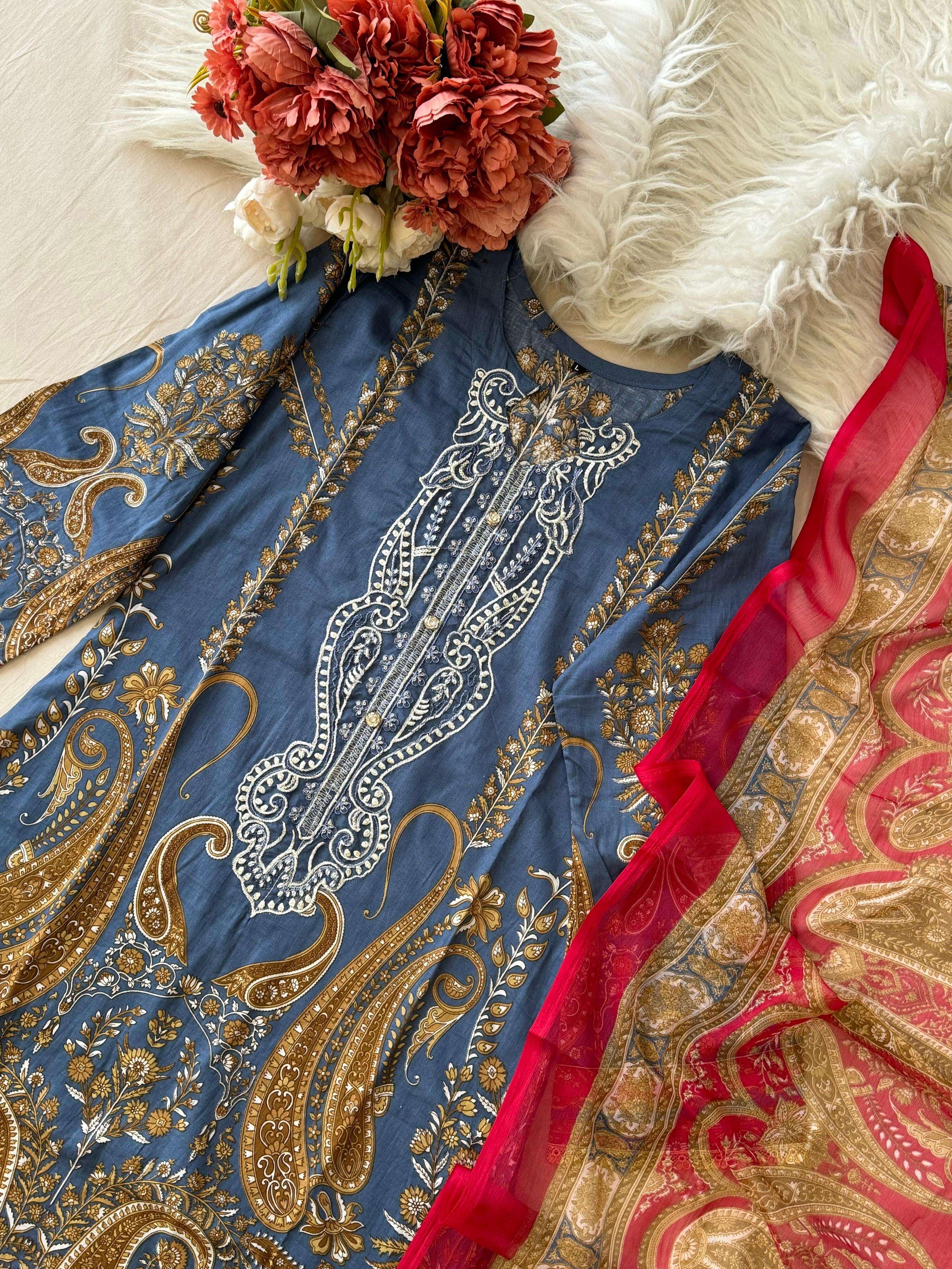 Blue Printed Pakistani Cotton Suit with Chiffon Dupatta 1350