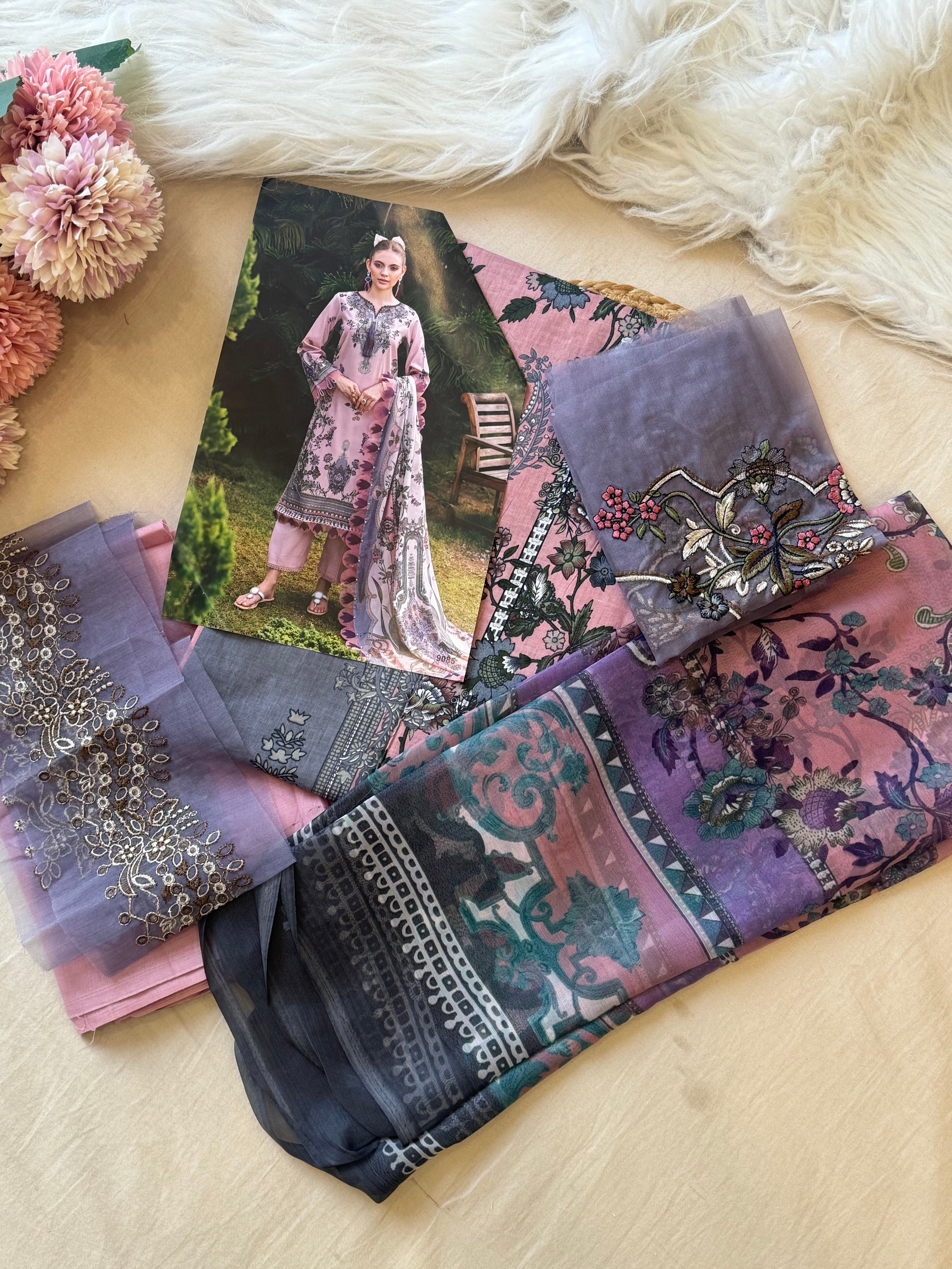 Pakistani printed cotton suit with embroidered patches -9085