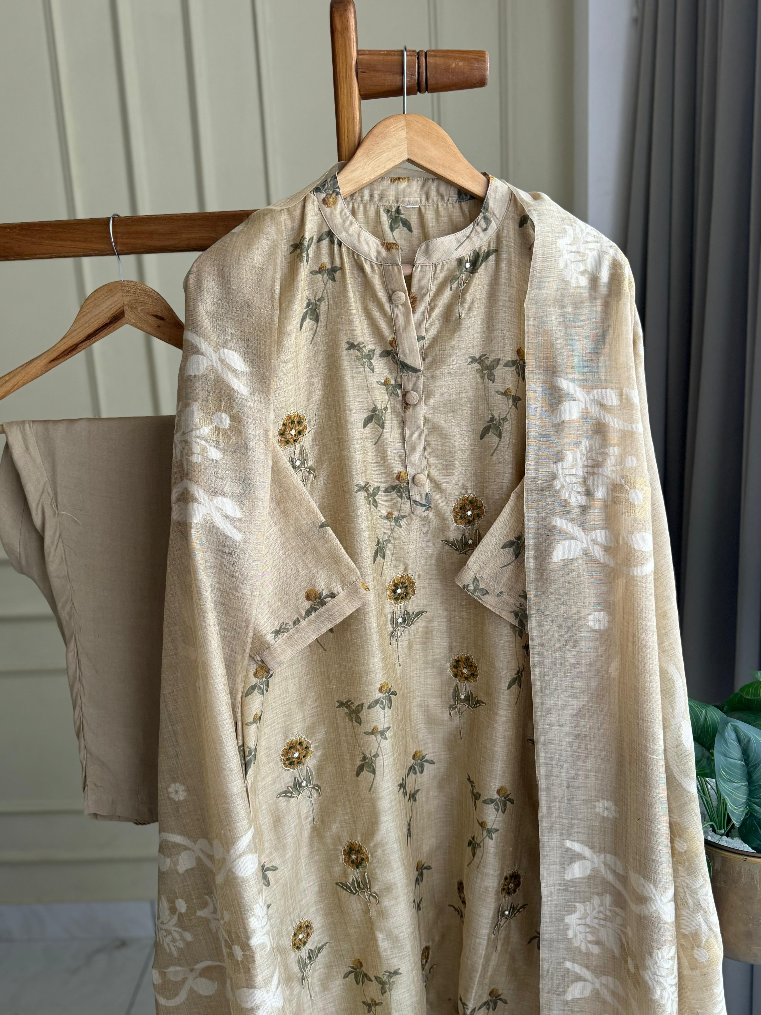 Tussar Floral suit with Embroidery work-3930