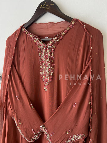Full-flaired front slitted Gown with hand and Neck detailings - Pehnava Lawns