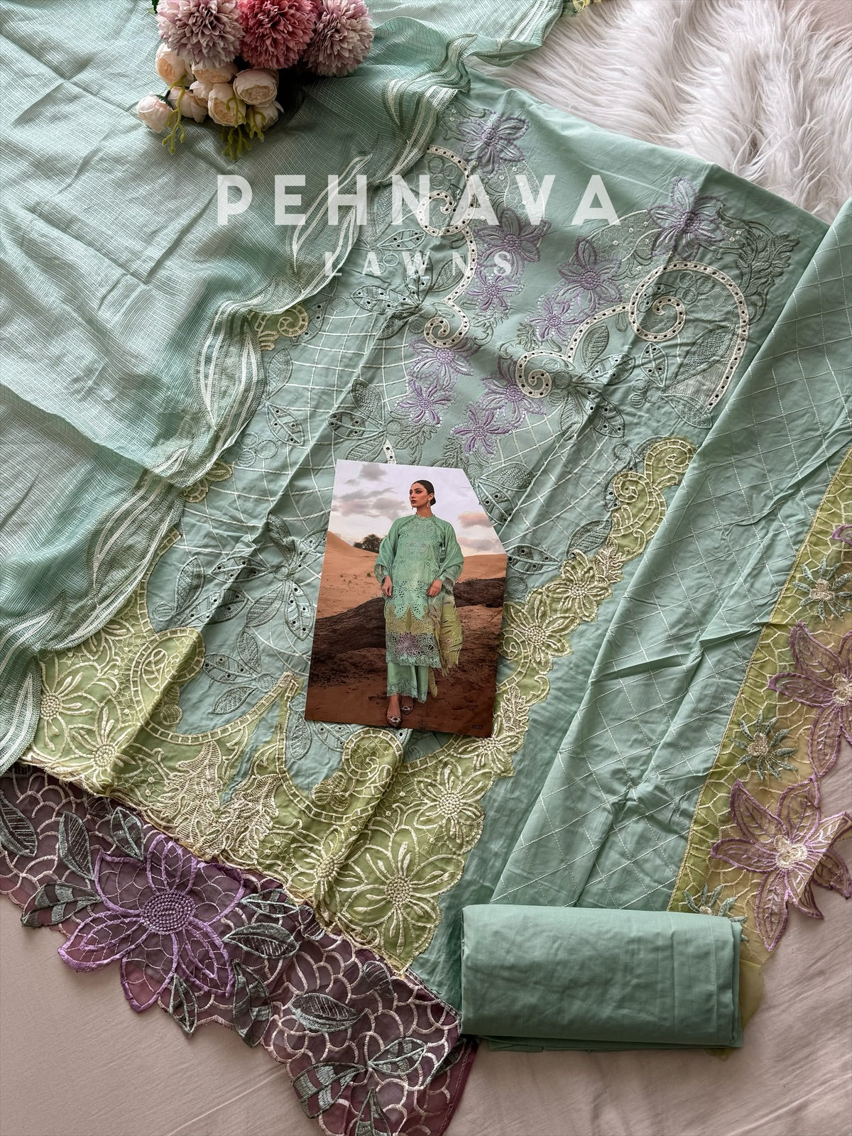 Cotton fully embroidered suit with cotton net dupatta-6025