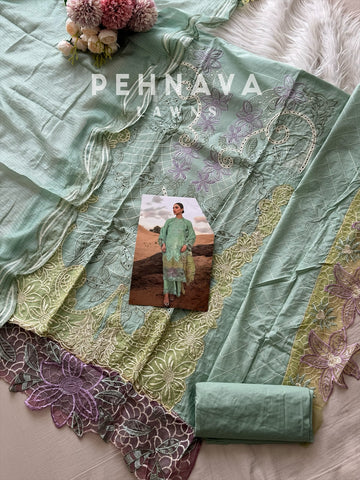 Cotton fully embroidered suit with cotton net dupatta-6025