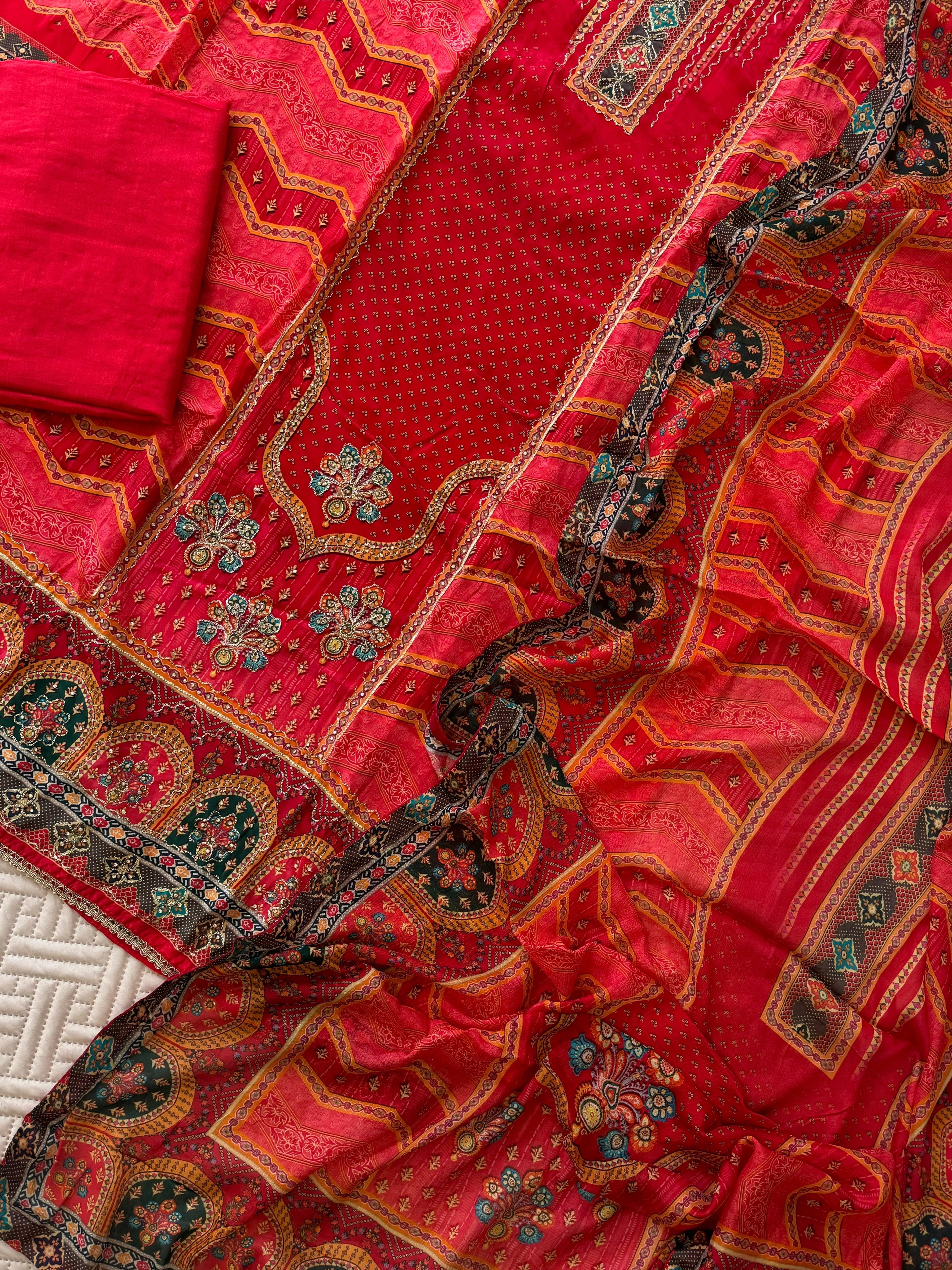 Red Party wear Crepe Suit-2001