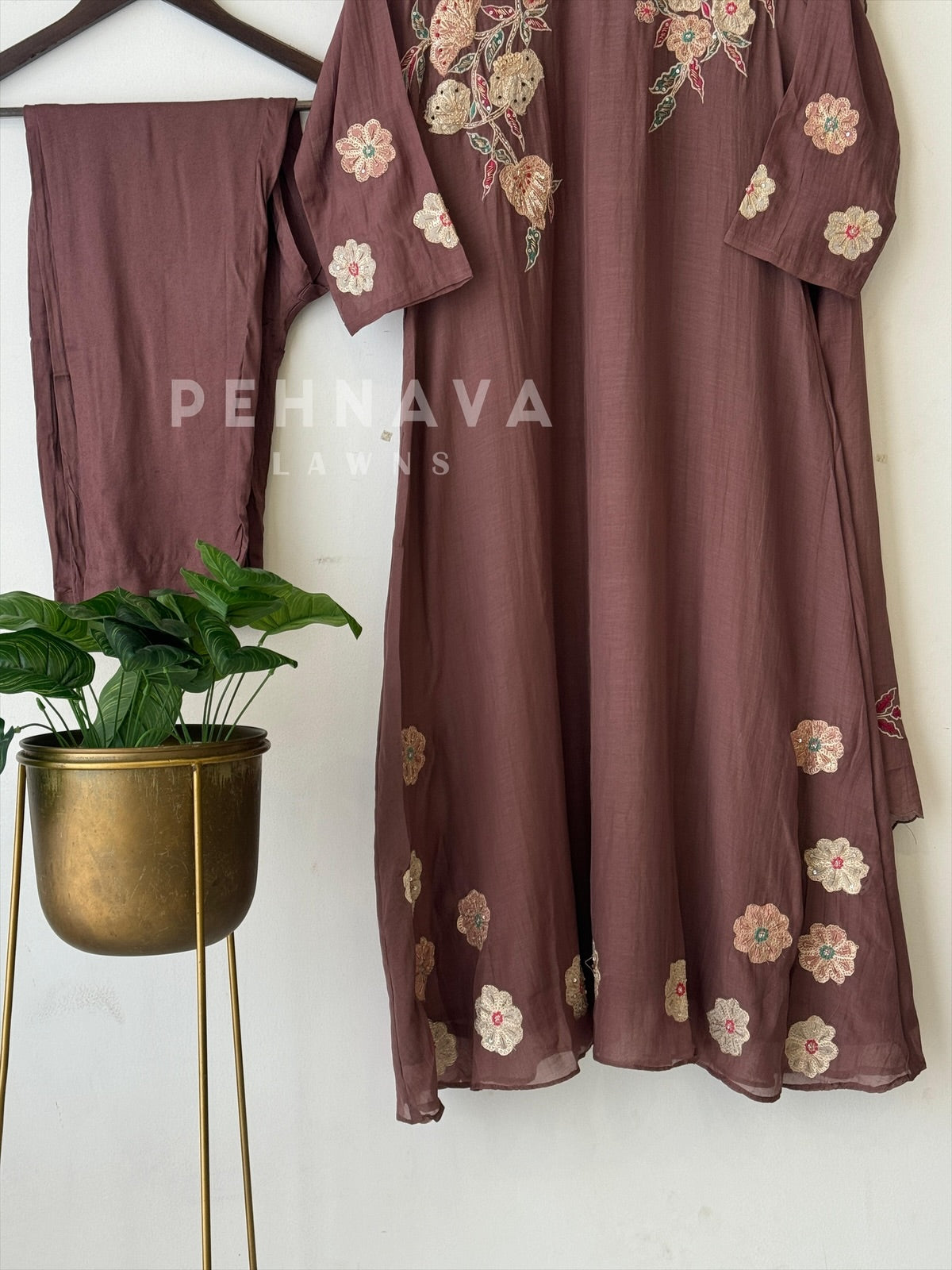 Brown Chanderi Kurtha Suit Set-3181