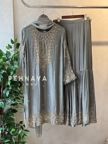 Heavily Handworked Sharara with Pure Chiffon Dupata
