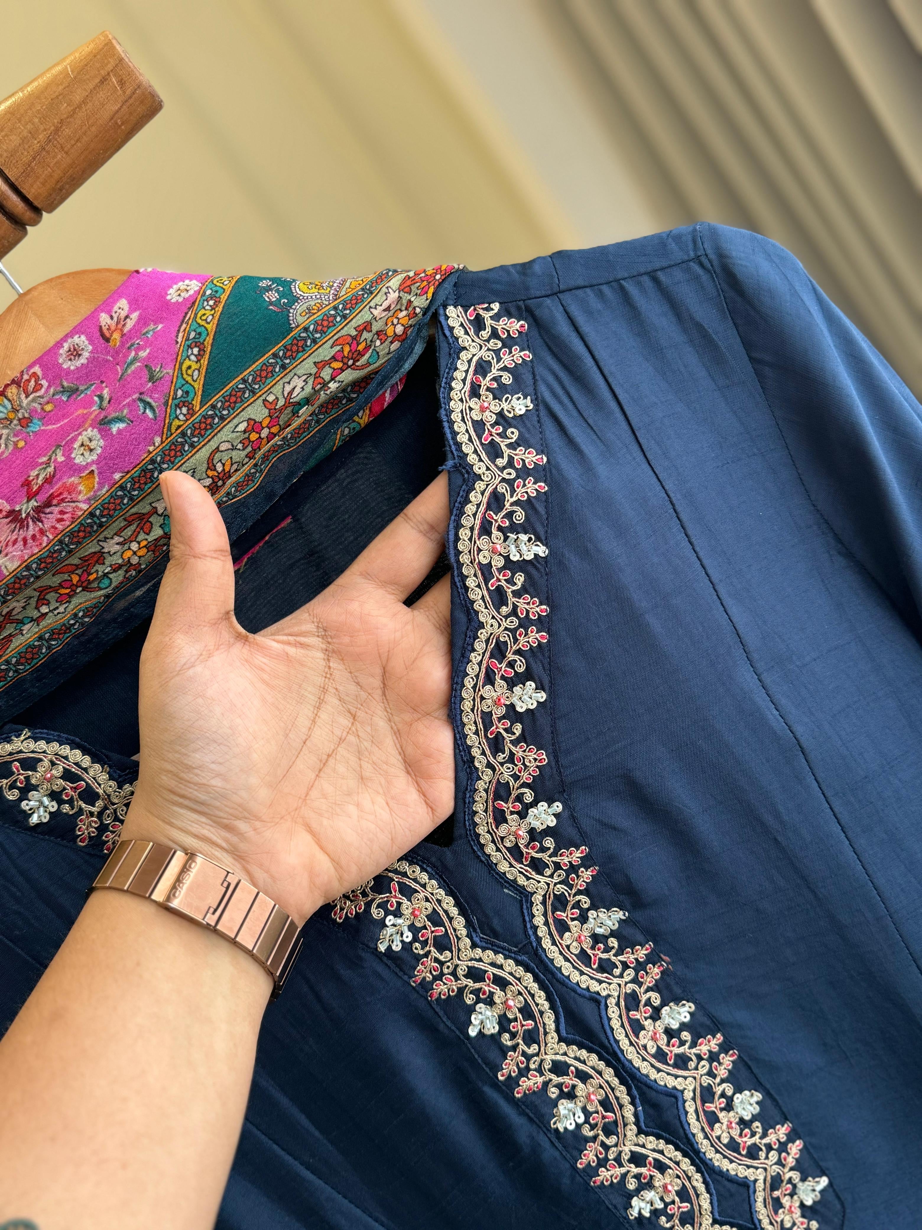 Premium Navy Blue Kurti Set with Embroidery
