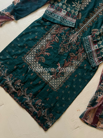 Embroidered cotton suit with chiffon dupatta -gorgeous green