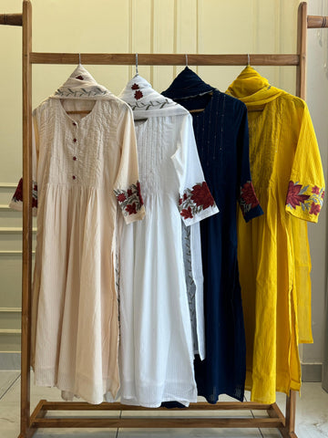 Pleated Yoke & Floral Sleeve Cotton Suits - Pehnava Lawns