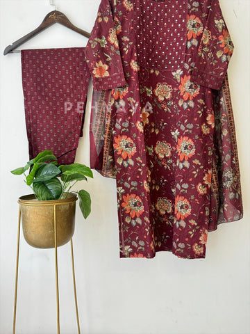 Maroon Floral cotton Suit Set-17209