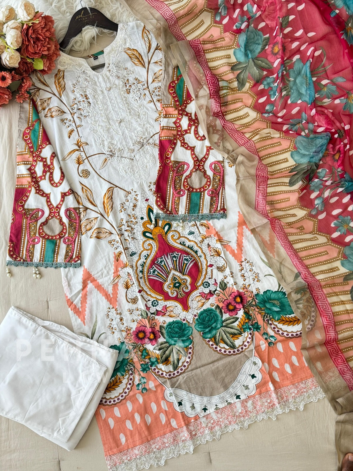 Printed Casual Suit With Chiffon Dupatta-AZ-1348-A - Pehnava Lawns
