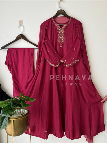 Full-flaired front slitted Gown with hand and Neck detailings - Pehnava Lawns
