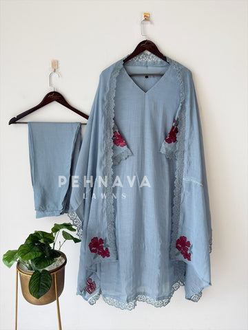 Lace‑Trimmed Embroidery Lawn Suit-16327