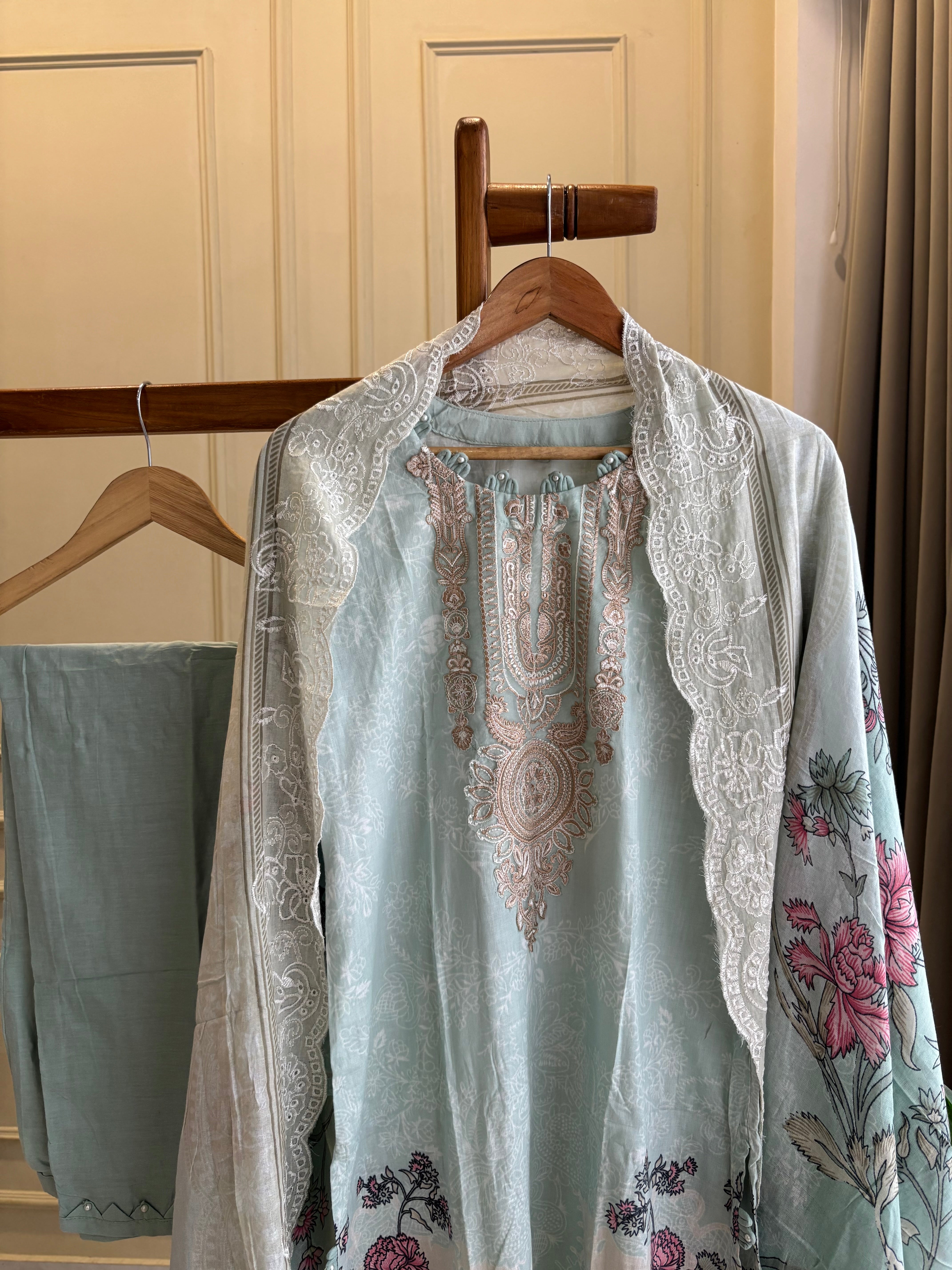 Embellished Floral Cotton Suit-5