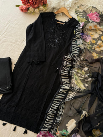 Premium Black Pak-Suit With Chiffon Dupatta - Pehnava Lawns