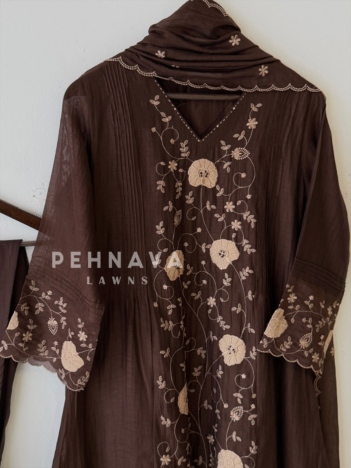 Pleated Yoke Floral Embroidered Ensemble 3048