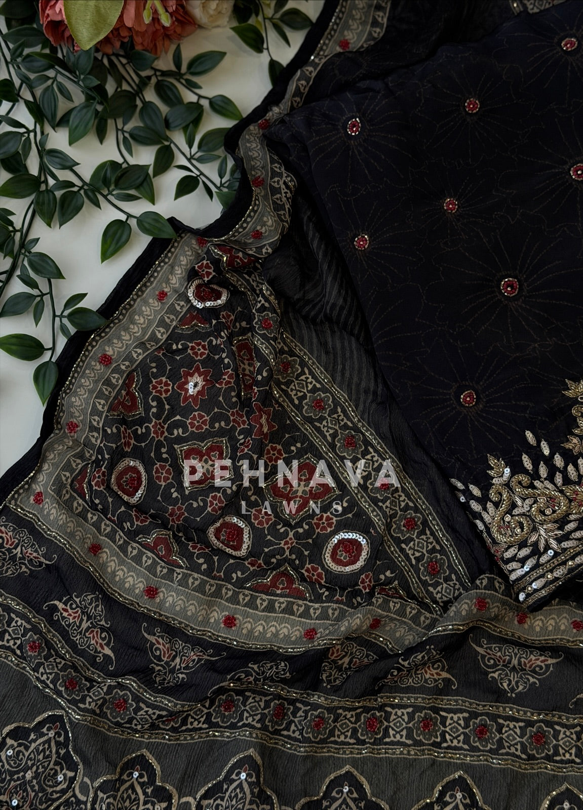 Ajrak Printed Handworked Unstitched Suit