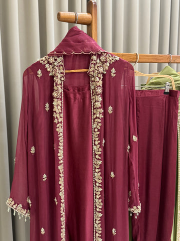 Premium Chiffon handworked jacket style with scalloped organza dupatta