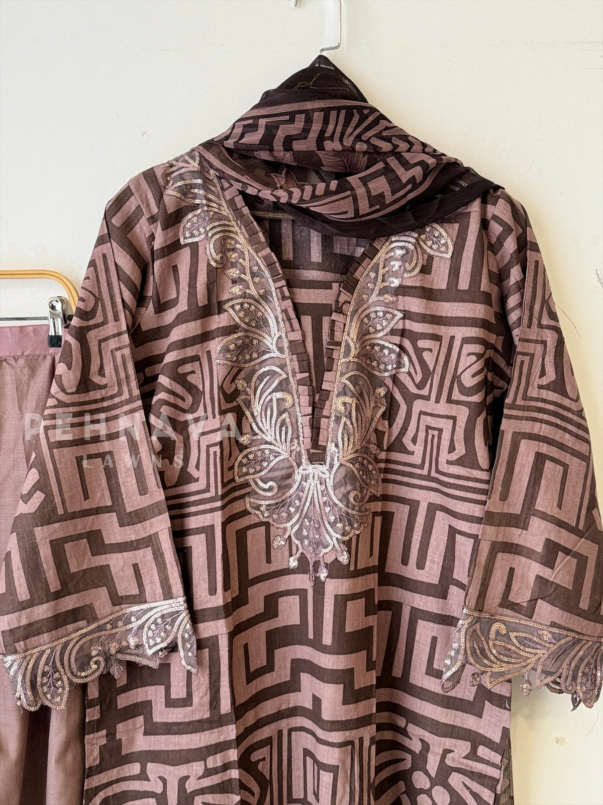 Brown Printed Lawn Suit with Printed Dupatta-Chiffon 1411 - Pehnava Lawns