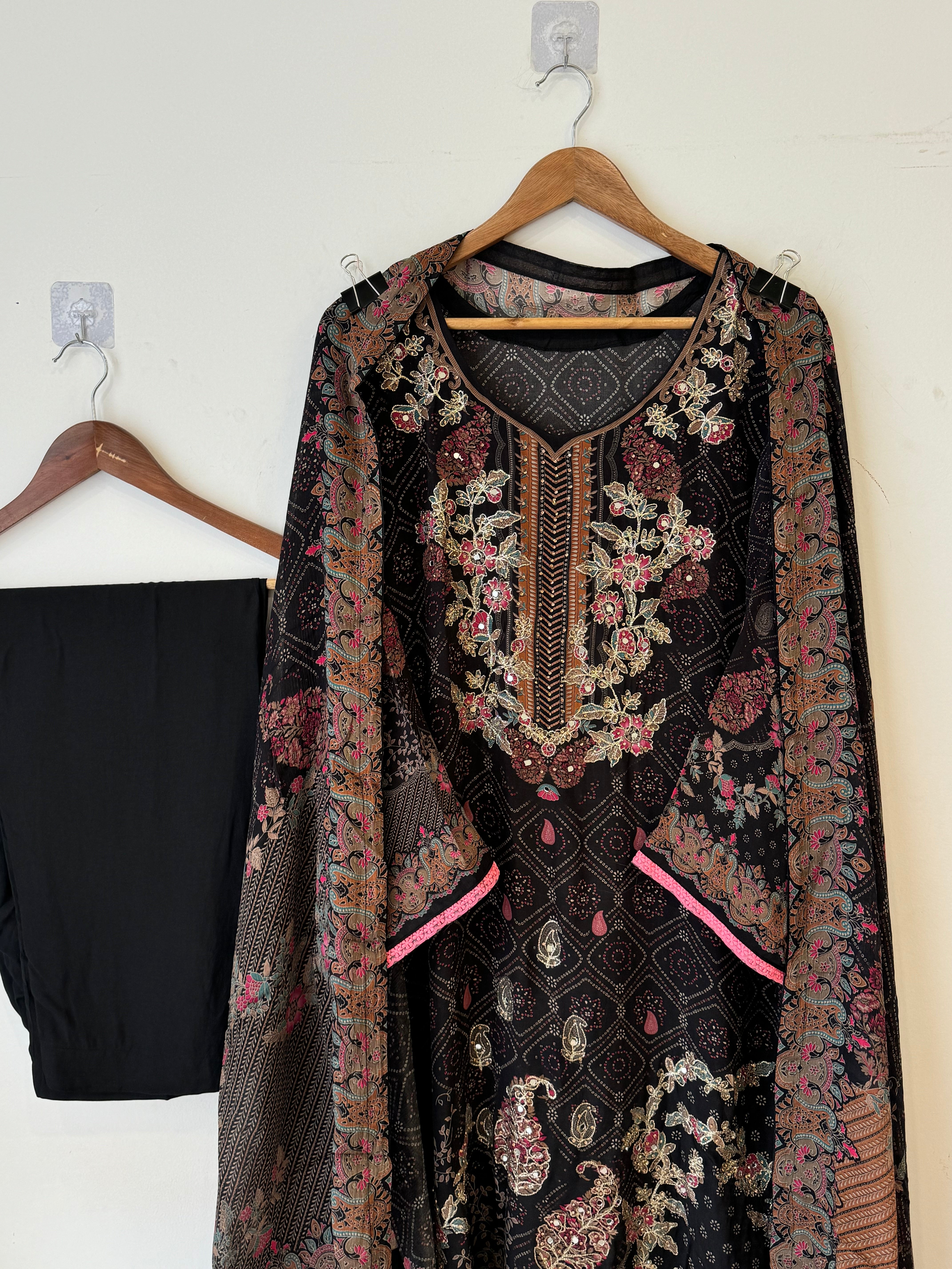 Black Flowy Crepe Suit-1992