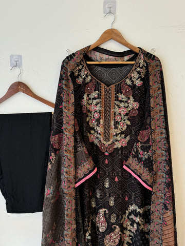 Black Flowy Crepe Suit-1992