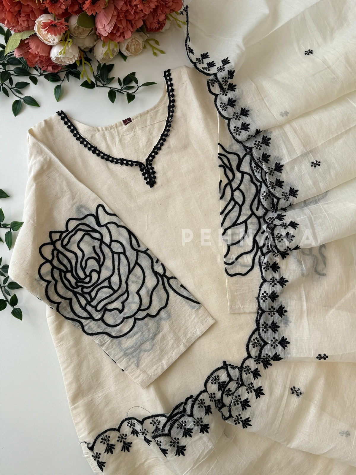 Off-White Rose Embroidery Suit-12074 - Pehnava Lawns