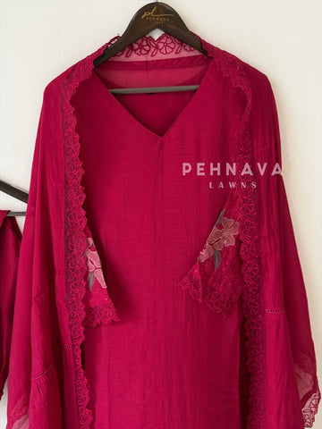 Lace‑Trimmed Embroidery Lawn Suit-16327