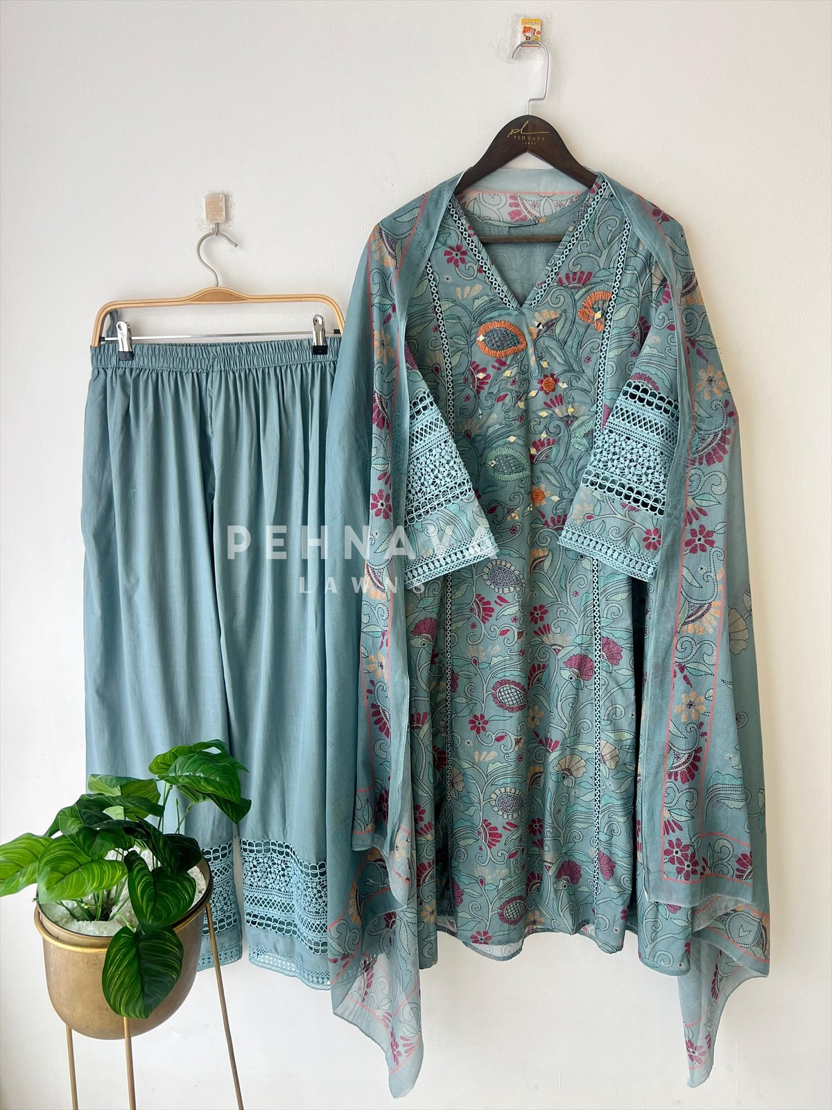 Floral Print Cotton Suit with Lace