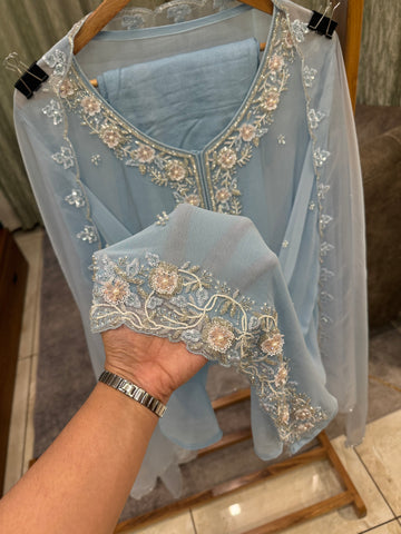 Premium organza  handwork suit with bottom and organza  hand  worked dupatta-2247