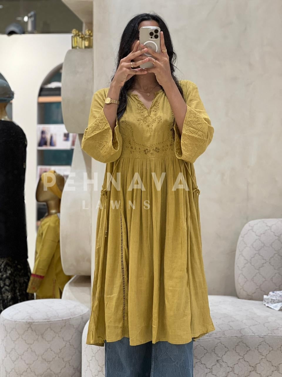Embroidered Cotton Linen Dress - Pehnava Lawns