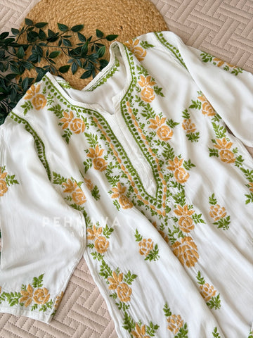 White & Gold Chikankari Rayon Kurta Set