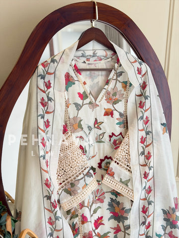 Floral Print Cotton Suit with Lace