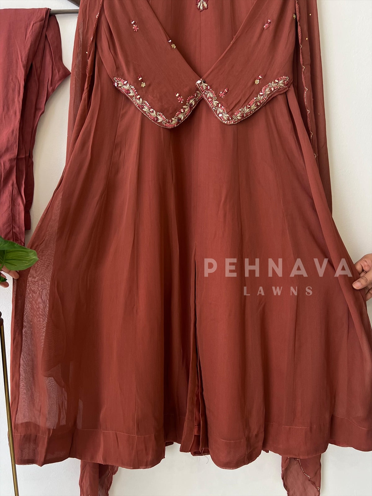 Full-flaired front slitted Gown with hand and Neck detailings - Pehnava Lawns