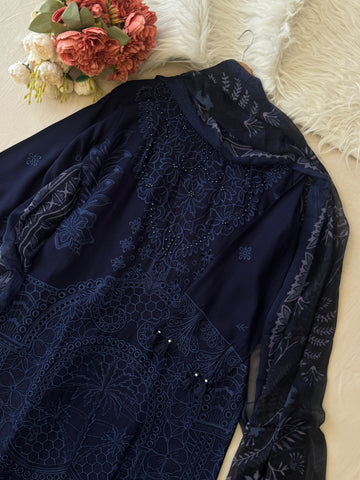 Dark Blue Ready to Wear Embroidered Rayon Suit - Pehnava Lawns