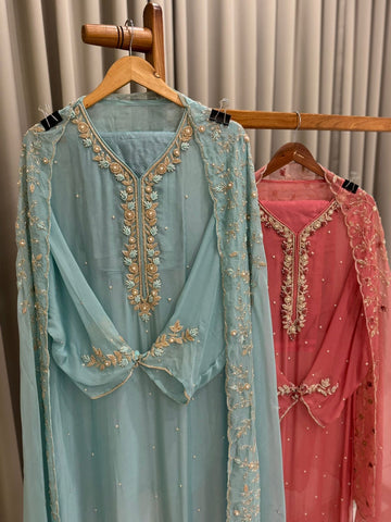 Premium organza  handwork suit with bottom and organza  hand  worked dupatta-1098