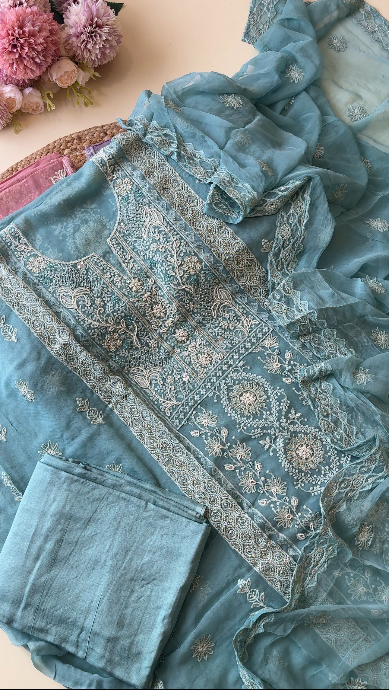 Pure chiffon chikankari handworked suit-9936