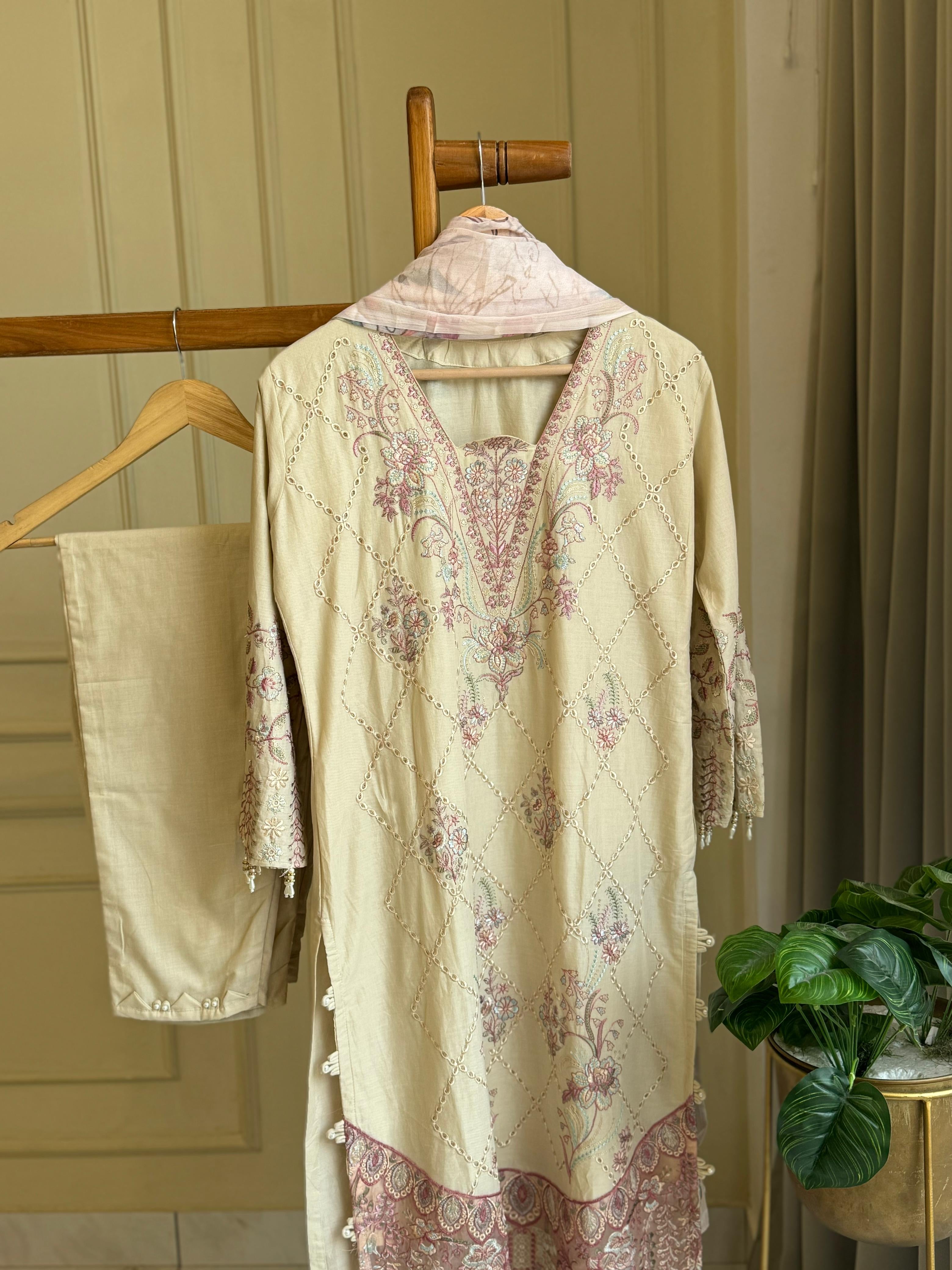 New Stitched Embellished Floral Suit-1