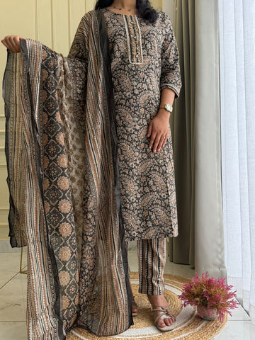 Ajrak Printed Cotton Suit with Neck detailings -Black
