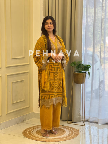 Mustard Printed Lawn Suit with Printed Dupatta-Chiffon/Cotton