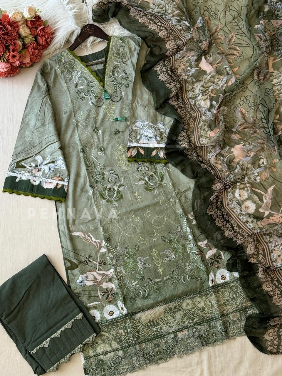 Floral Embroidered Cotton Suit Green-4109