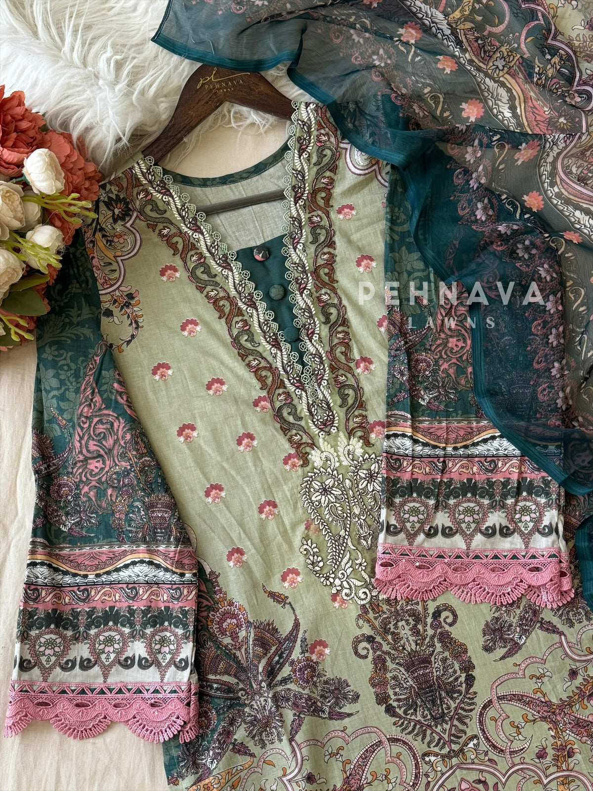 Embroidered Neck Unstitched Suit-1755
