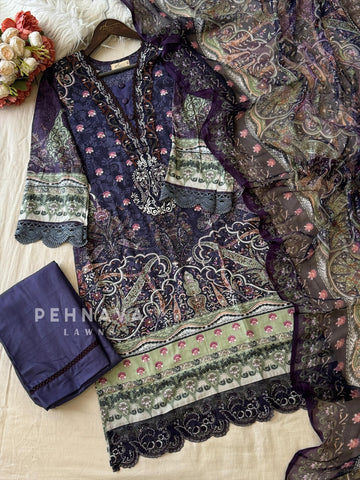 Embroidered Neck Unstitched Suit-1756