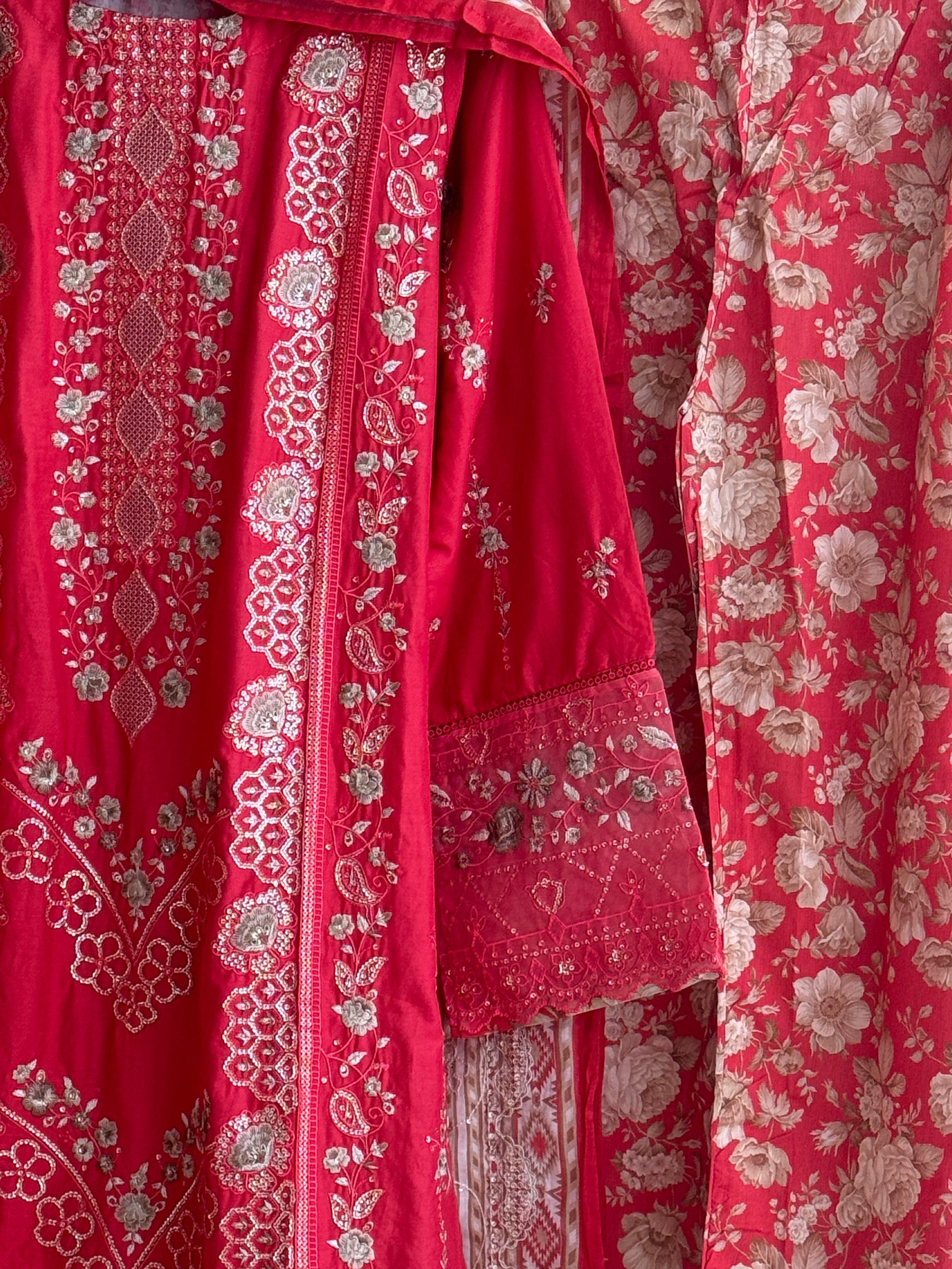Premium Floral Embroidery Red lawn Suit