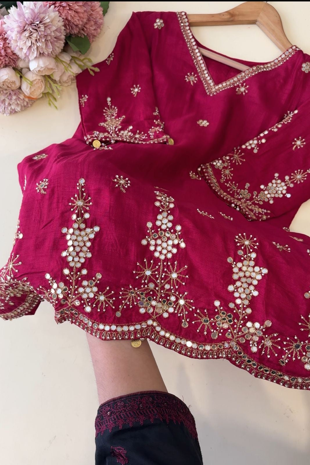 Russian silk Handworked suit with scalloped dupatta