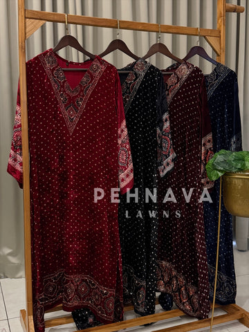 Velvet Printed Three Piece Ensemble-3298