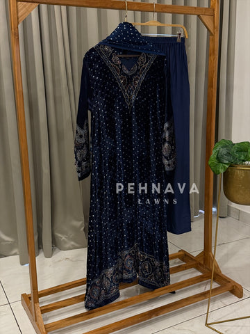 Velvet Printed Three Piece Ensemble-3298