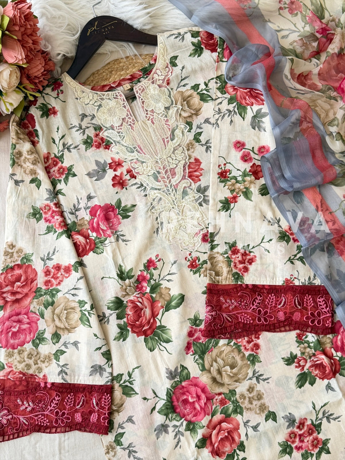 Floral Unstitched Suit with Chiffon Dupatta-1329A